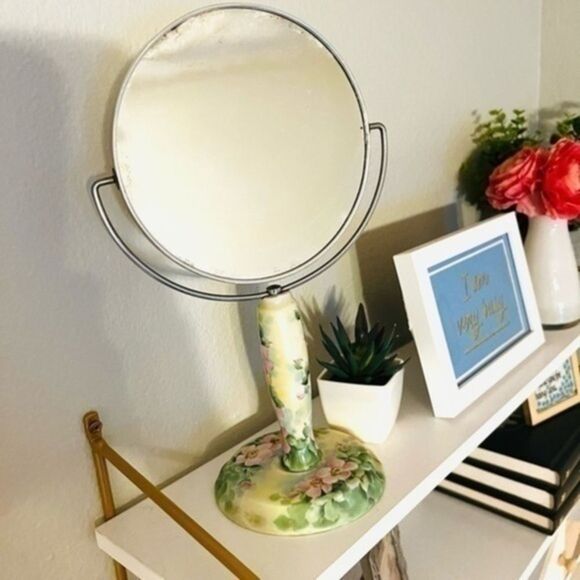 Vintage hand painted mirror white with green and pink 1970s - Picture 1 of 5
